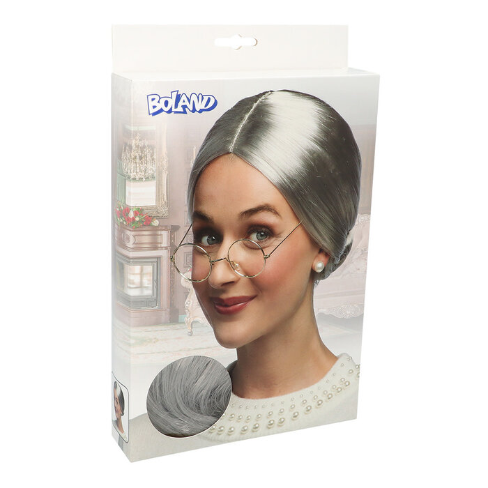 Pruik 'Granny' oma licht grijs met dot