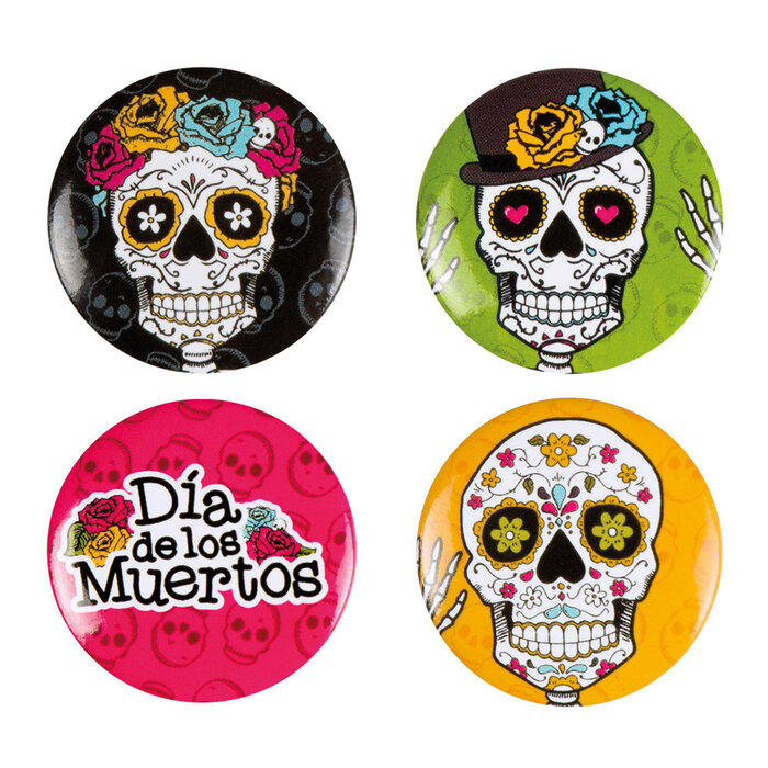 Feestshop.be 4 Buttons Día de los muertos (3 cm)
