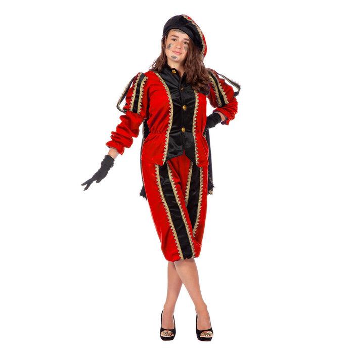 Feestshop.be Luxe piet kostuum dames rood/zwart imitatie fluweel
