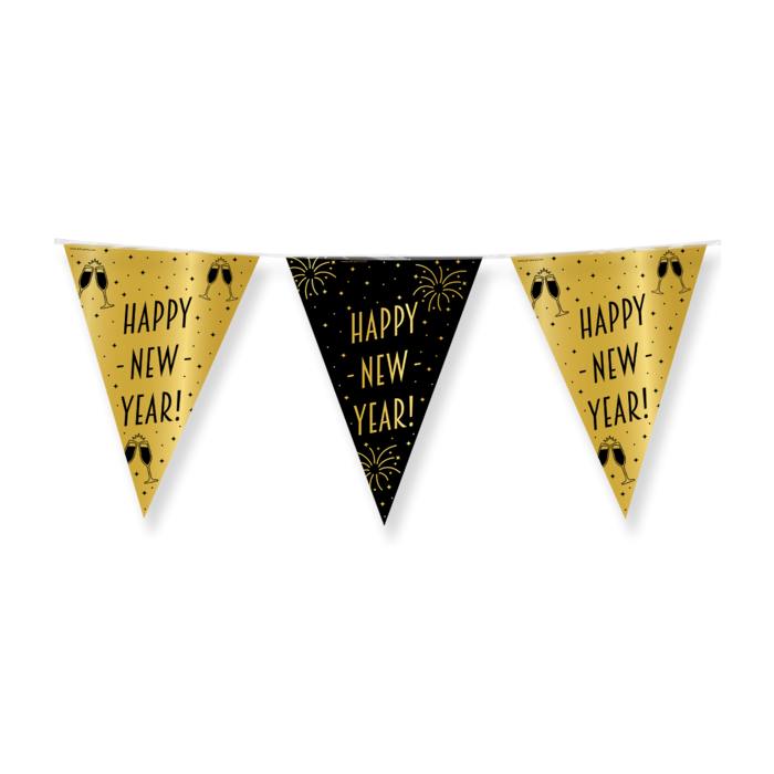 Vlaggenlijn Happy New Year goud zwart 10m