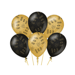 Ballonen Happy new year zwart goud 6 stuks 30cm