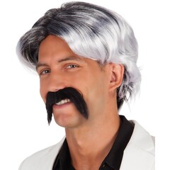 Pruik Chuck zwart/wit met snor DOOS 28