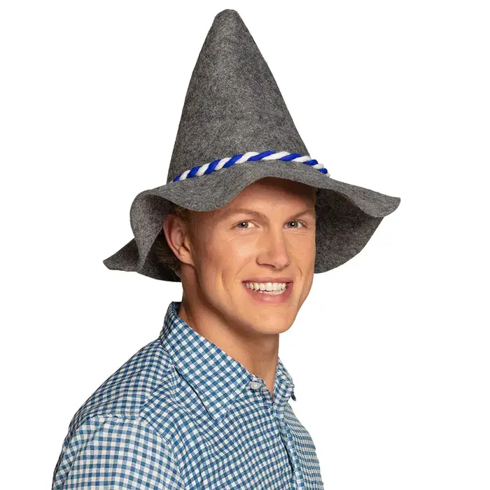 Hoed oktoberfest grijs met lint blauw/wit