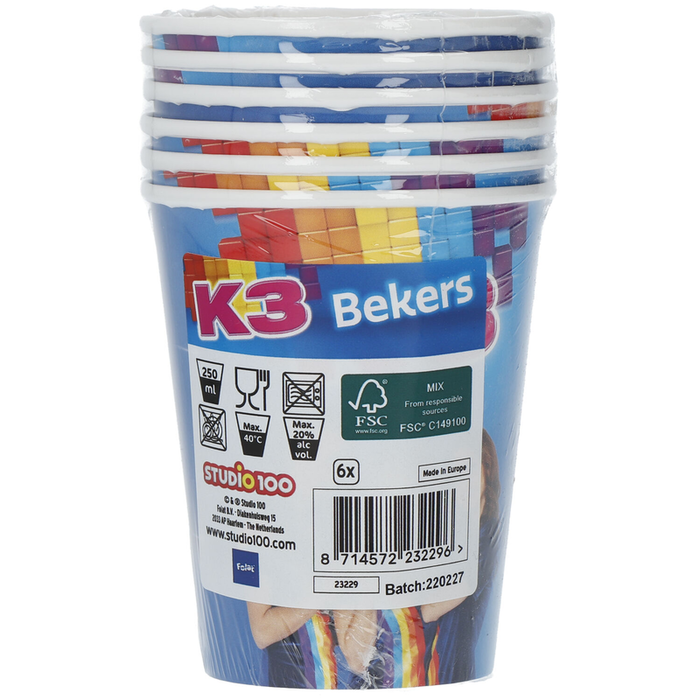 K3 Papieren Bekers – 250 ml (6 stuks) | Studio 100 Kinderfeest Drinkbekers