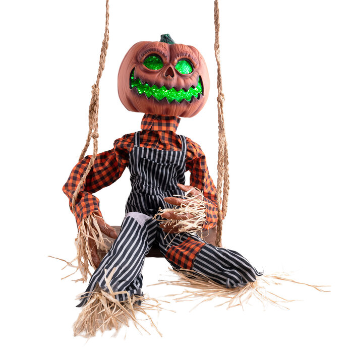 Halloween decoratie bewegend pompoen op de schommel 90cm