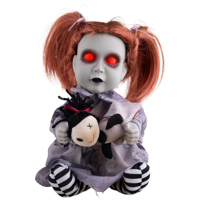 Baby horrorpop bewegend spookmeisje met beertje (26cm)