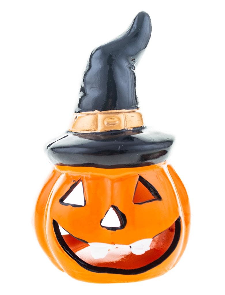 Halloween kaarsenhouder pompoen met hoed 12 x 8cm