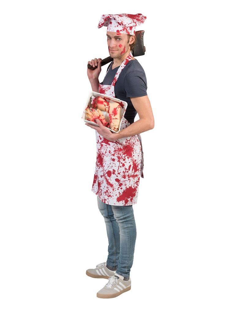 Keukenschort en muts met bloedspatten