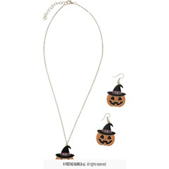 Feestshop.be Set oorbellen met ketting pompoen Halloween