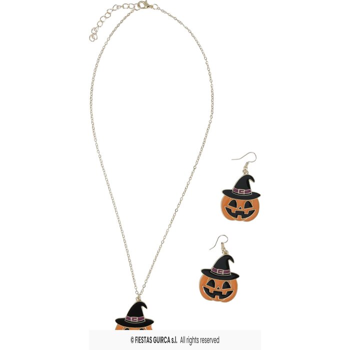 Feestshop.be Set oorbellen met ketting pompoen Halloween