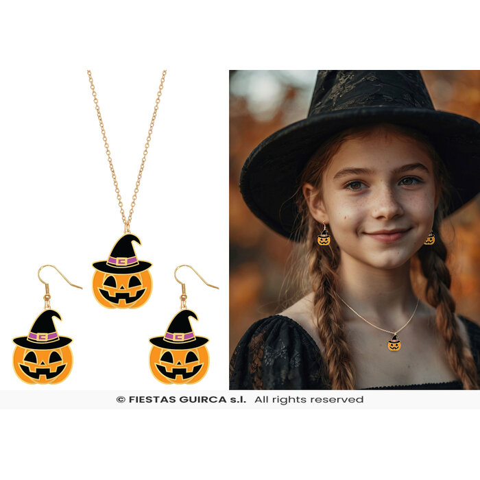 Feestshop.be Set oorbellen met ketting pompoen Halloween