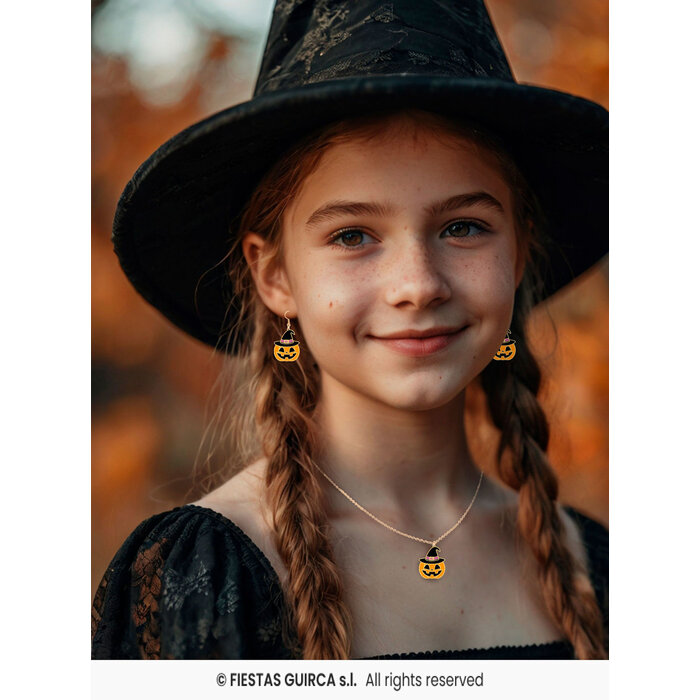 Feestshop.be Set oorbellen met ketting pompoen Halloween