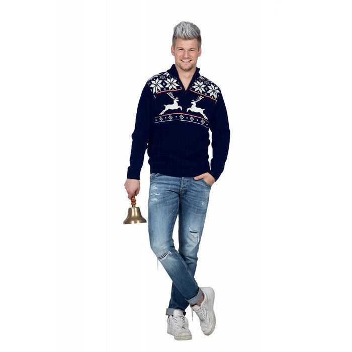 Kersttrui navy met rits reindeer