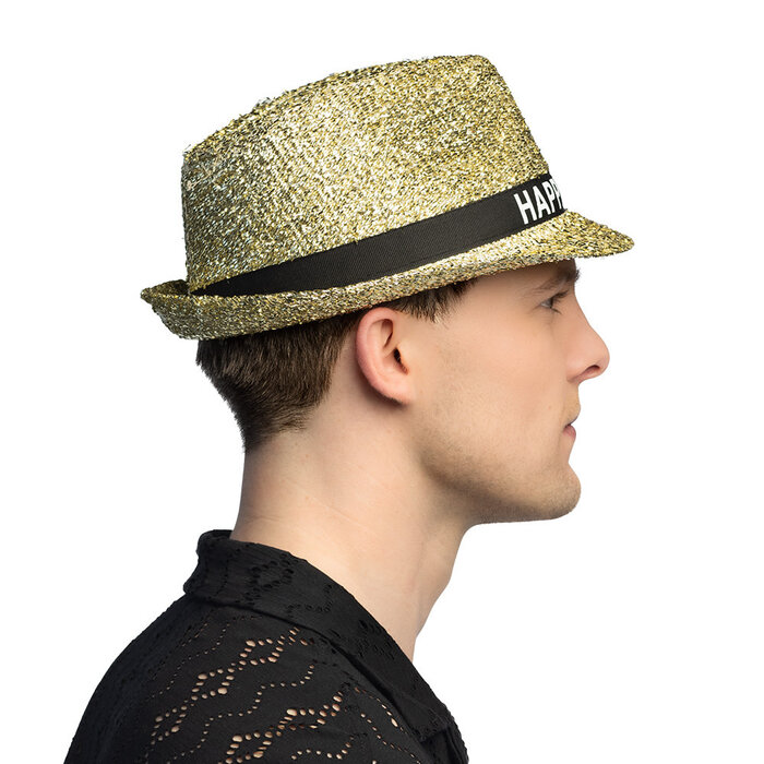 Feestshop.be Hoed sparkling Happy New Year goud