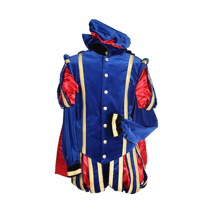 Piet fluweel luxe met cape Malaga blauw/rood