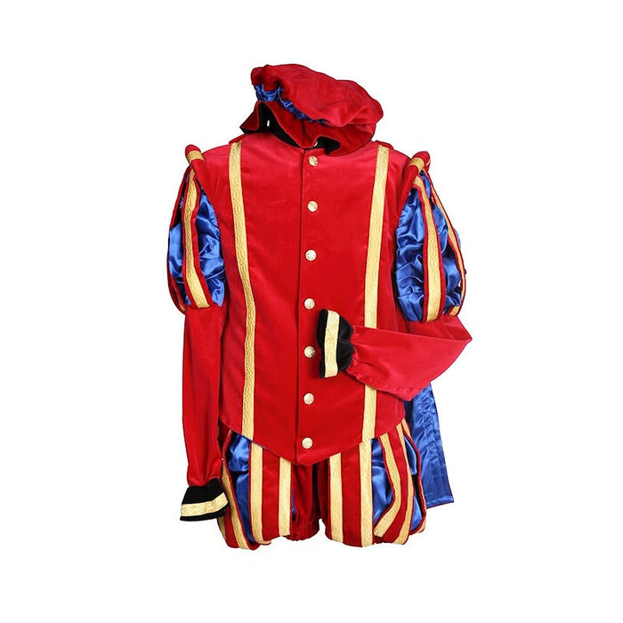 Piet fluweel luxe met cape Malaga rood/blauw
