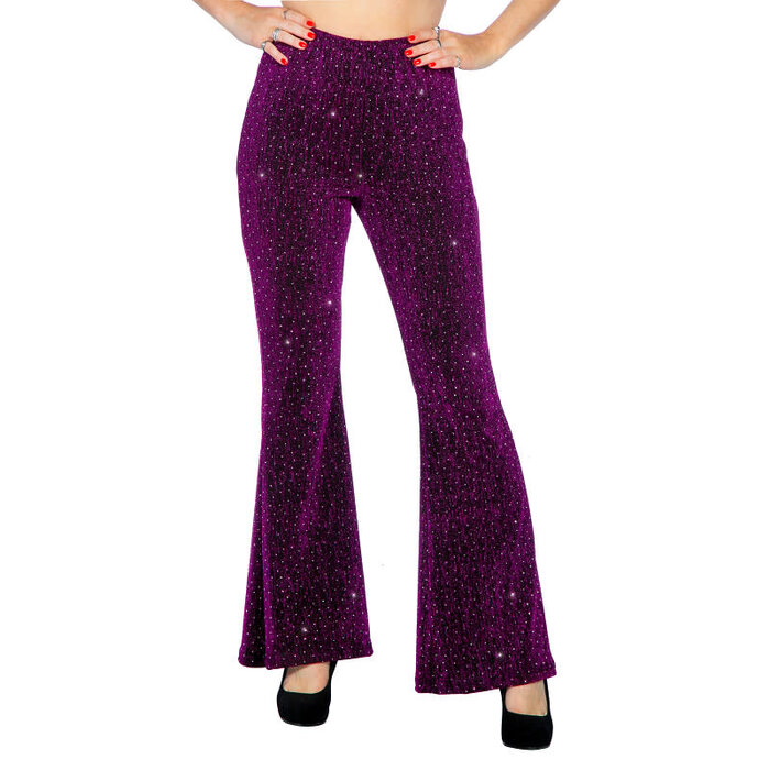 Disco party glitter broek flared paars
