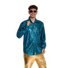 Feestshop.be Disco shirt turquoise blauw shiny