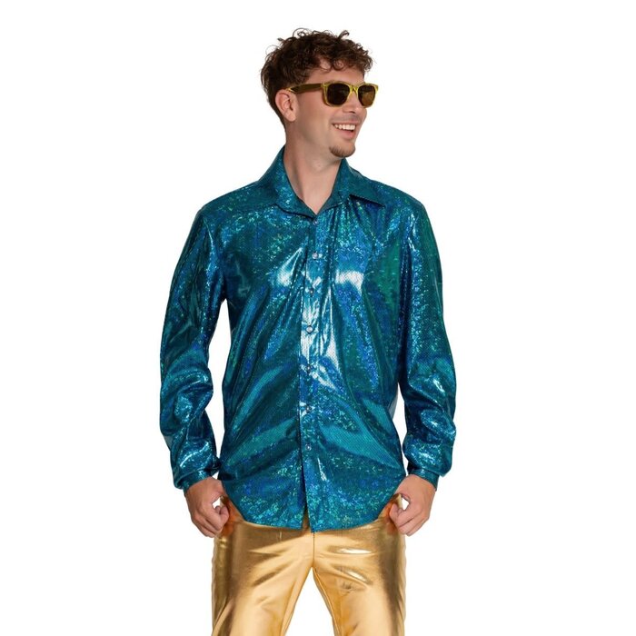 Feestshop.be Disco shirt turquoise blauw shiny