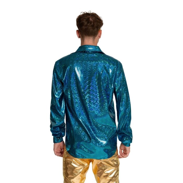 Feestshop.be Disco shirt turquoise blauw shiny