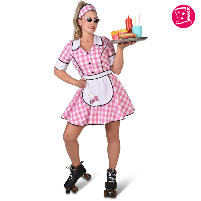 Jaren 50 rock'n roll diner jurk roze geruit