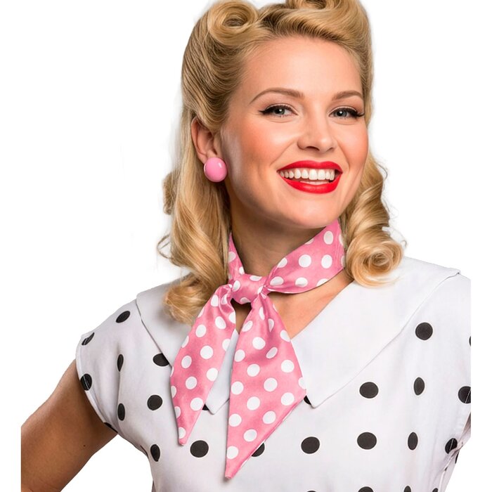 50's sjaal roze wit polka dots satijn