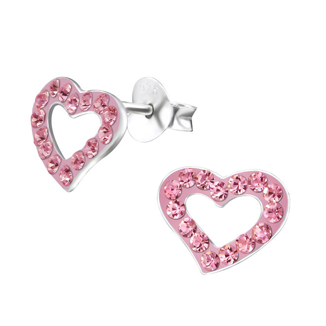 Zilveren kinderoorbellen: Hart met kristallen steentjes licht roze
