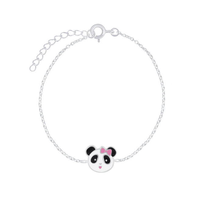 Zilveren kinderarmband: Panda met roze strikje