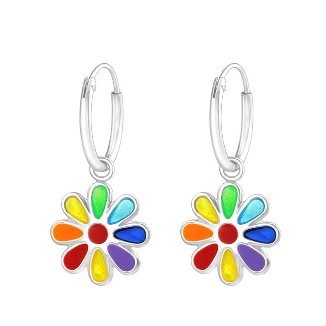 Zilveren kinderoorbellen: Creool met kleurrijke bloem