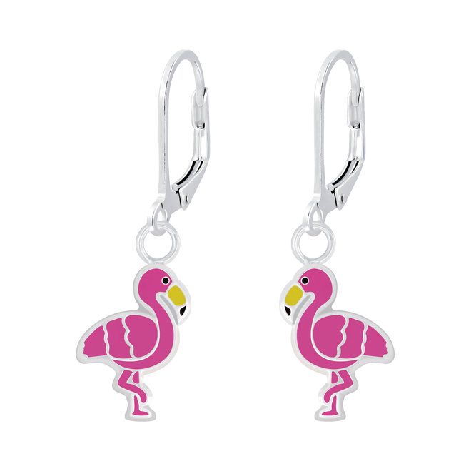 Zilveren kinderoorbellen brisure: Roze flamingo