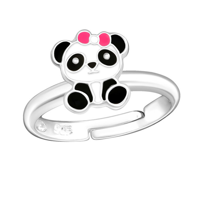 Zilveren ring: Panda met roze strikje