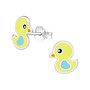 Zilveren kinderoorbellen: Schattig geel eendje met blauwe vleugels