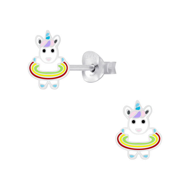 Zilveren kinderoorbellen: Eenhoorn met zwemband