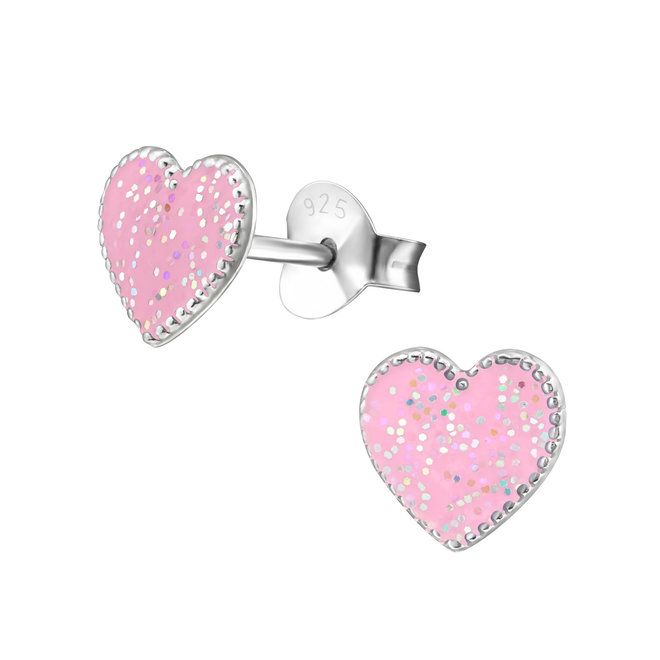 Zilveren kinderoorbellen: Hart met glitter