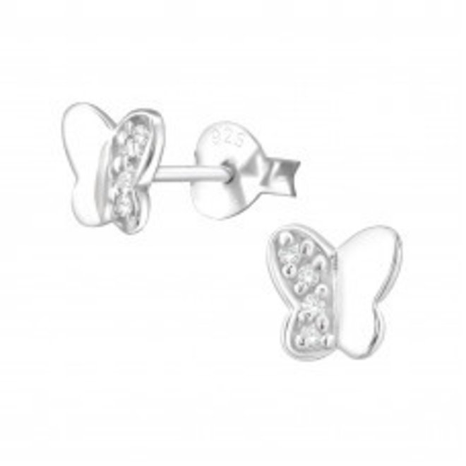 Zilveren oorbellen: Vlindertje aan 1 kant bezet met kristallen steentjes