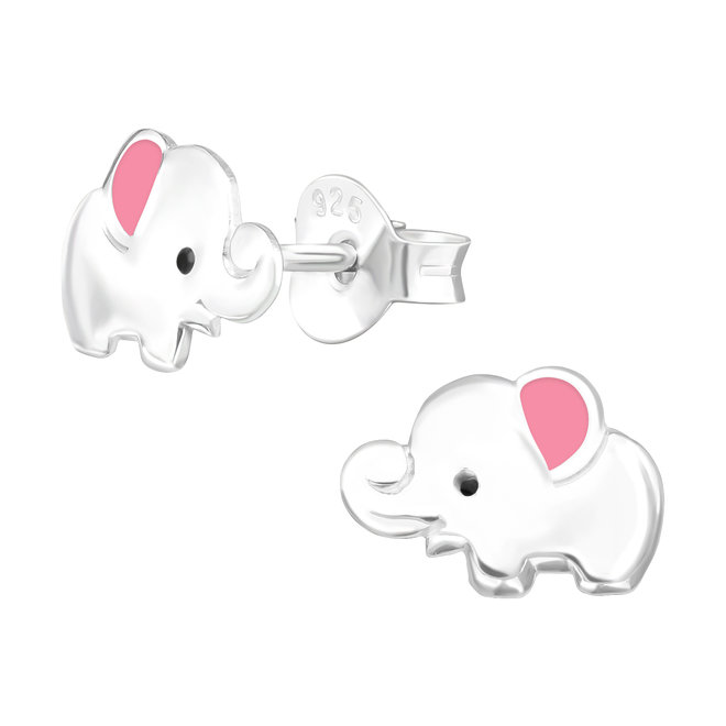 Zilveren kinderoorbellen: Zilveren olifant met roze oortjes