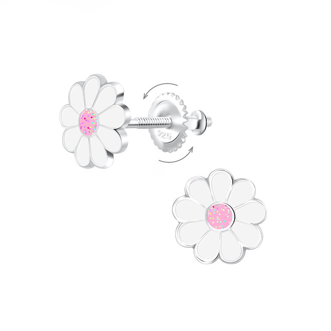 Zilveren kinderoorbellen: Witte bloem met roze glitter met schroefsluiting
