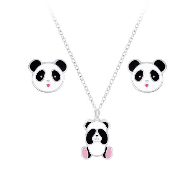 Zilveren juwelenset: Oorstekers en halsketting panda