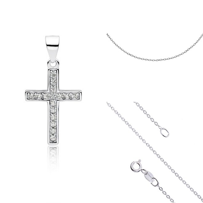 Zilveren halsketting: Hanger kruisje bezet met steentjes