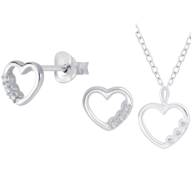 Zilveren sieradensetje: Hartjes ketting en oorstekers hartjes met steentjes