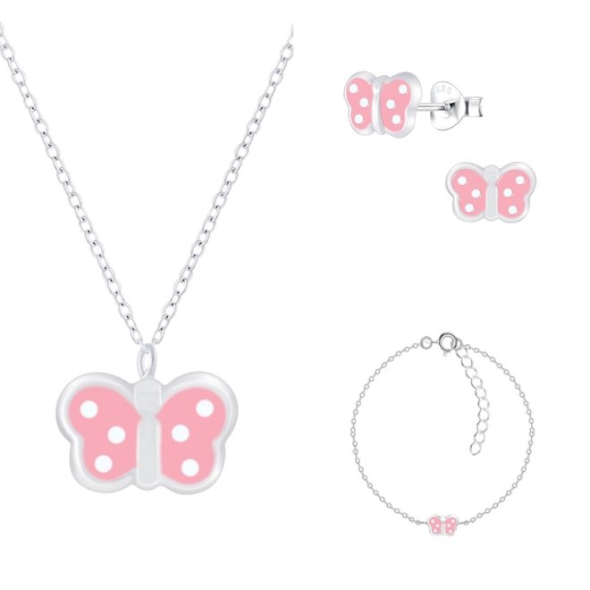 Zilveren kindersetje : halsketting, armband en oorbellen met vlinder