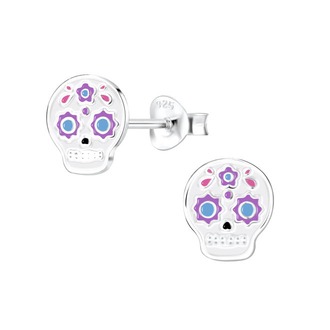 Zilveren kinderoorbellen: Kleurrijke schedel