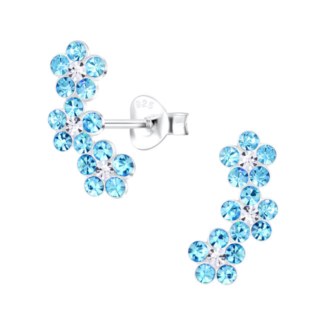 Zilveren kinderoorbellen: 3 bloemetjes met kristallen steentjes Blauw