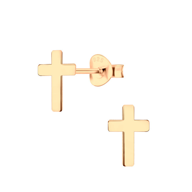 Zilveren oorbellen: Kruisje rosé gold plated