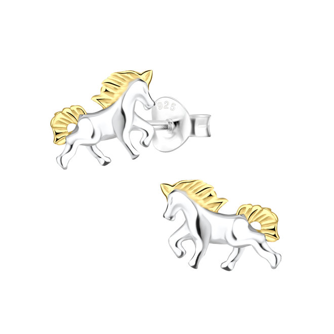 Zilveren oorbellen: Paardje met 14 K gouden manen