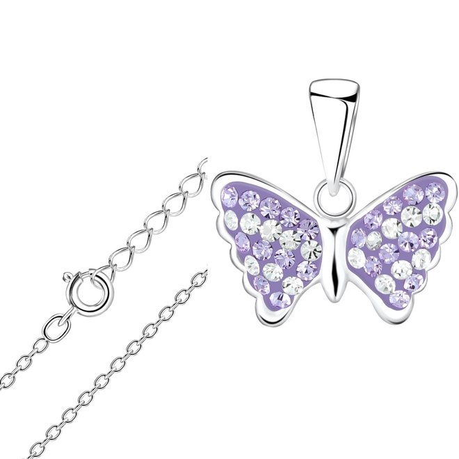 Zilveren ketting: Paarse vlinder bezet met kristallen steentjes