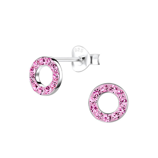 Zilveren oorbellen: stekers met cirkel bezet met roze kristallen steentjes