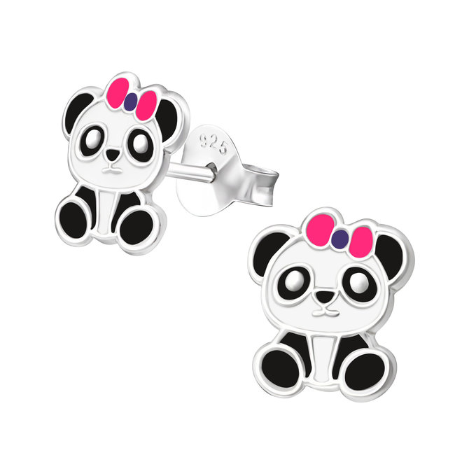Zilveren kinderoorbellen: Panda met roze strikje
