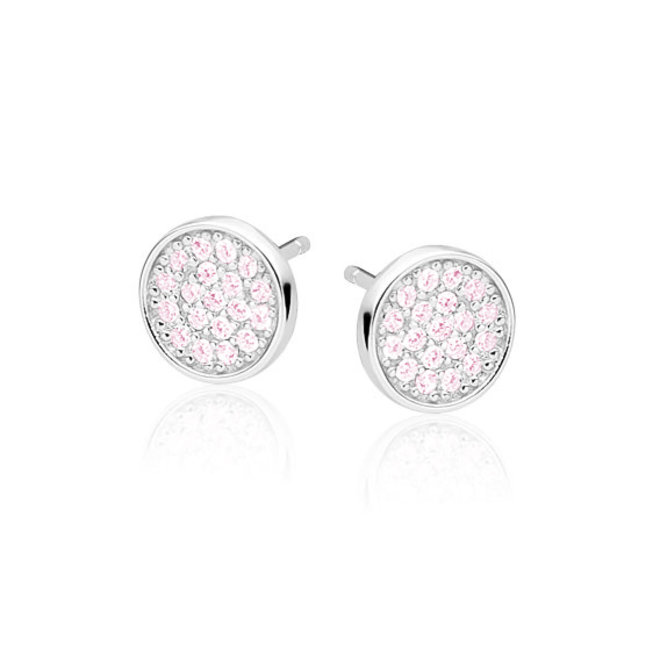 Zilveren oorbellen: Ronde stekers met licht roze zirkonia steentjes