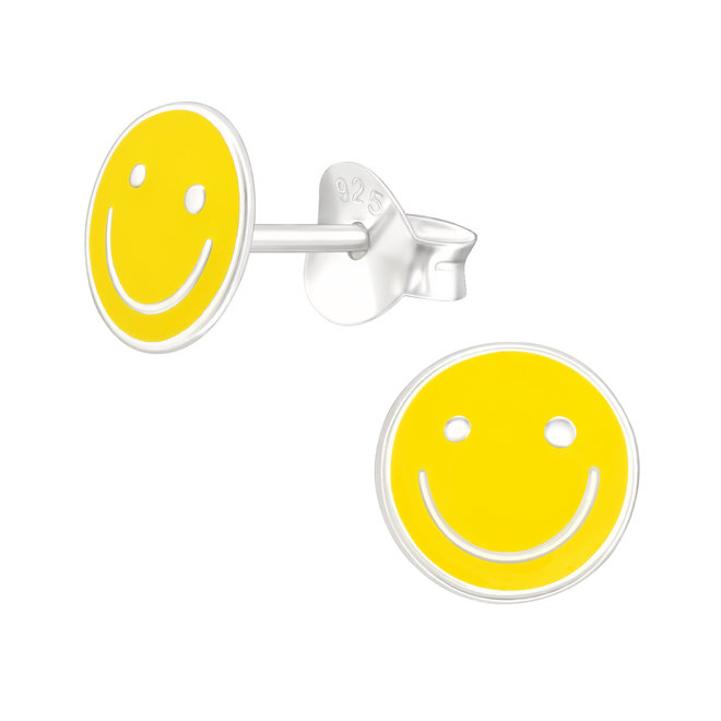 Zilveren kinderoorbellen: Smiley geel